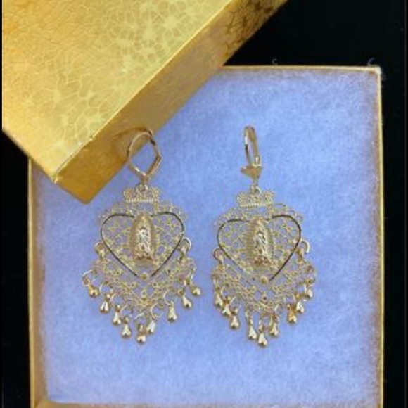 18k Gold Filled Filigree Virgin Guadalupe earrings/Aretes Filigrana Oro Laminado - Picture 6 of 6